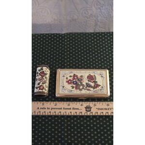 Vtg Cloisonne Cigarette Case/Lighter Cover Set Floral Butterfly Enamel